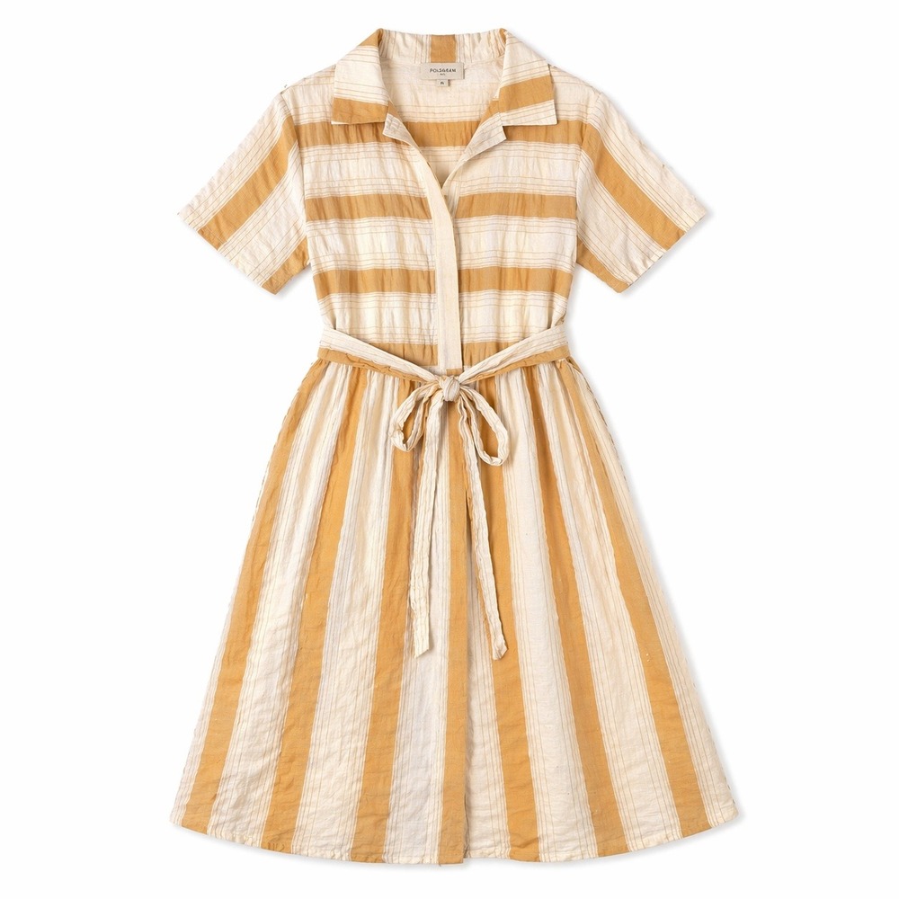 Polagram vtg style Butter Yellow Striped Cotton Shirt Sun Dress Midi Retro 50s